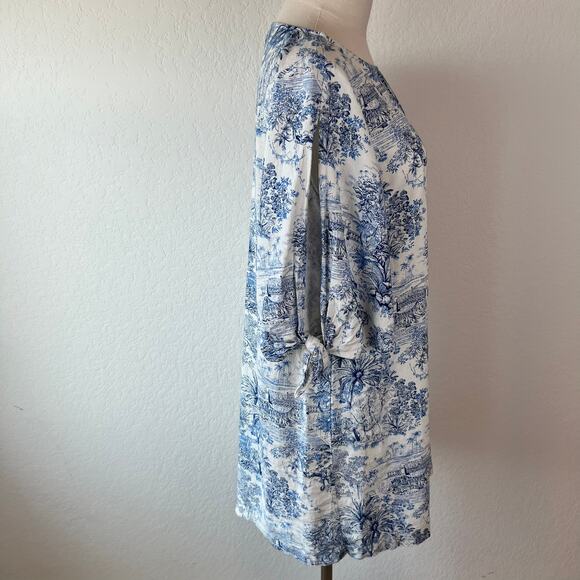 H&M Size 6 Linen Blend Mini Shift Dress Jungle Tigers Blue White Tie Sleeves - Picture 7 of 11
